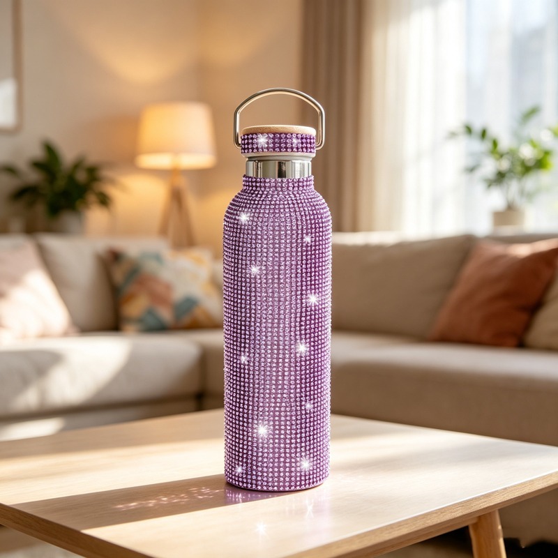 Bamboo Cutlery Travel - Lila Glitzer-Strass Wasserflasche Vakuumisoliert Edelstahl Bambusgriff